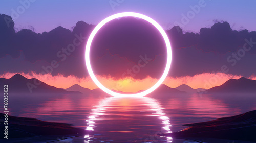 Seaside neon circular frame abstract poster web page PPT background with generative