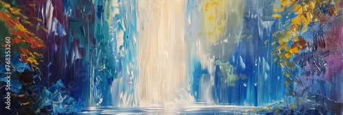 Contemporary abstract palette knife oil painting of a tall waterfall background created with Generative AI Technology