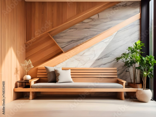 Wooden bench near marble stone wall and wood paneling in cozy hallway. Minimalist home interior design of modern entrance hall with big window. Created with generative AI © AL AMIN