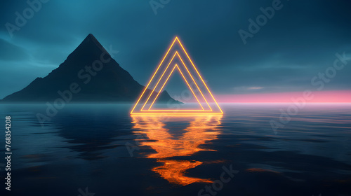Digital technology seaside neon triangle frame abstract poster web page PPT background with generative