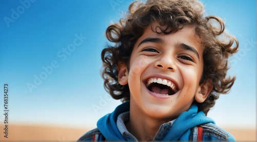young middle eastern teenage boy on plain bright blue background laughing hysterically looking at camera background banner template ad marketing concept from Generative AI