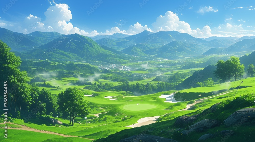 Obraz premium ゴルフ場の風景、山6