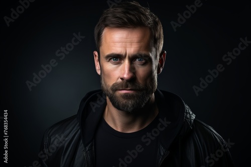 Portrait of a handsome man with a beard on a dark background.