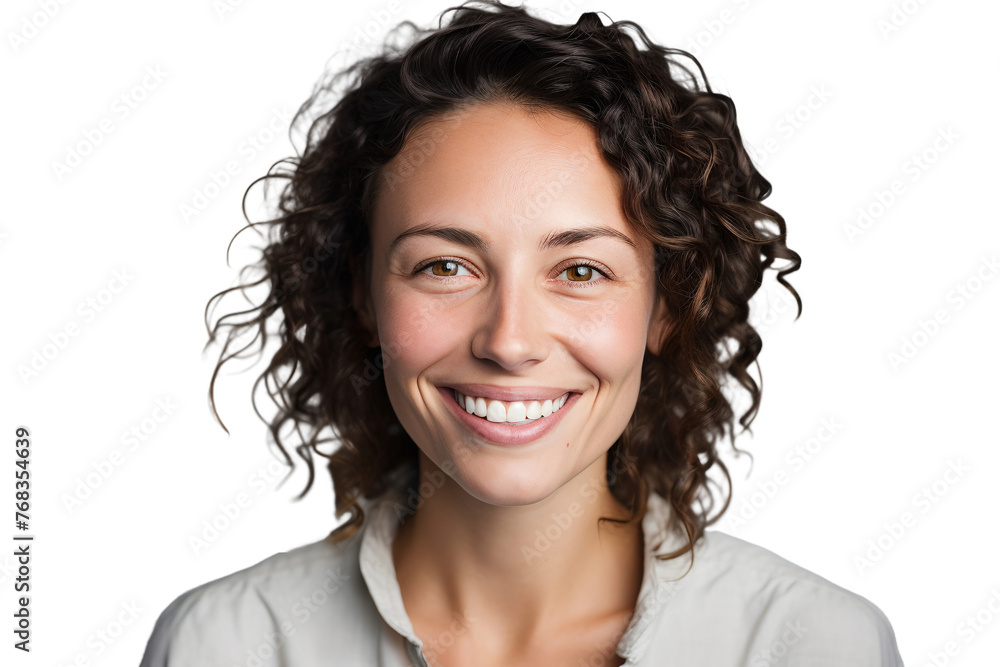 A woman with curly hair is smiling and looking at the camera A woman with curly hair is smiling and looking at the camera