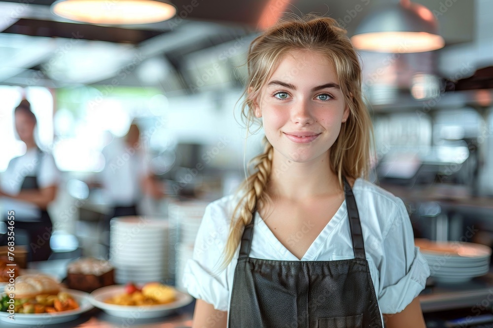 A chef with a neat plaited ponytail shows assurance and an easygoing nature against the backdrop of a commercial kitchen A chef with a neat plaited ponytail shows assurance and an easygoing nature against the backdrop of a commercial kitchen