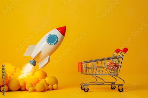 Rocket and shopping cart on yellow background, startup concept