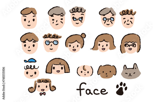 いろいろな年齢の人々の顔とペットの手描き風イラスト