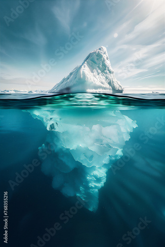 iceberg in the northern open sea in half under water view with giant bottom under  sea water