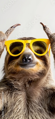 A sloth wearing sunglasses and a yellow hat
