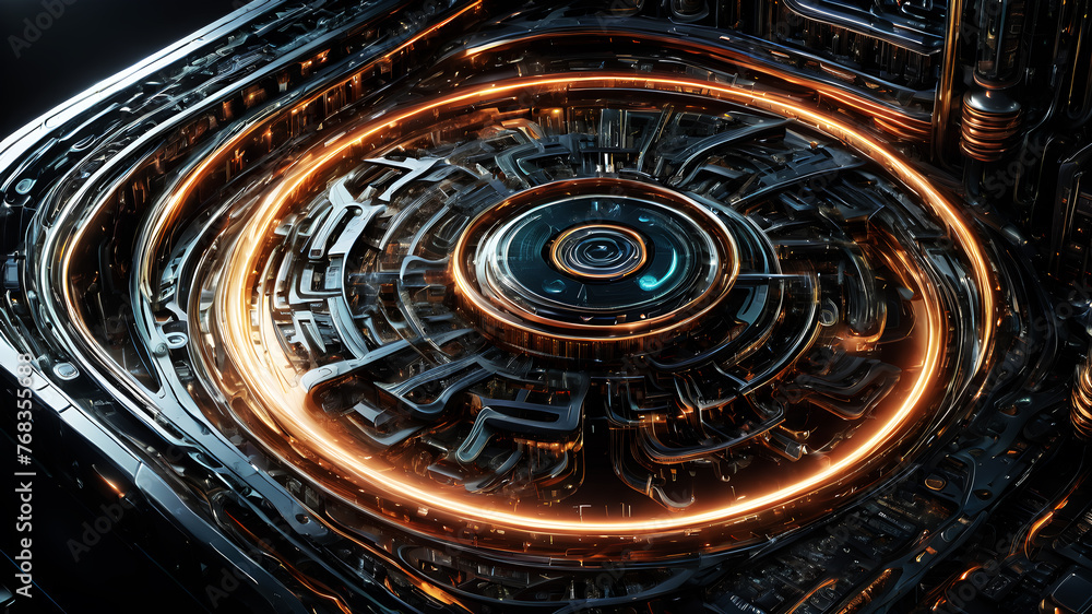 Fototapeta premium Imagine a digital artwork showcasing intricate, intertwining curves in metallic hues, resembling a futuristic circuit board or technological network