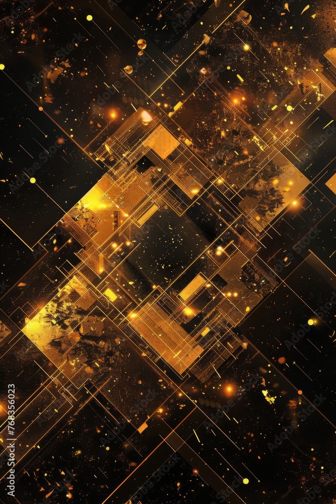 Abstract geometric gold and black background with glowing oppulent, luxuruy elements created with Generative AI Technology