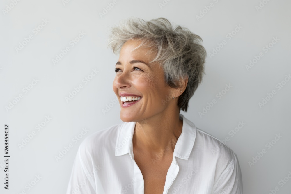 Portrait of happy senior woman with short grey hair smiling at camera Portrait of happy senior woman with short grey hair smiling at camera
