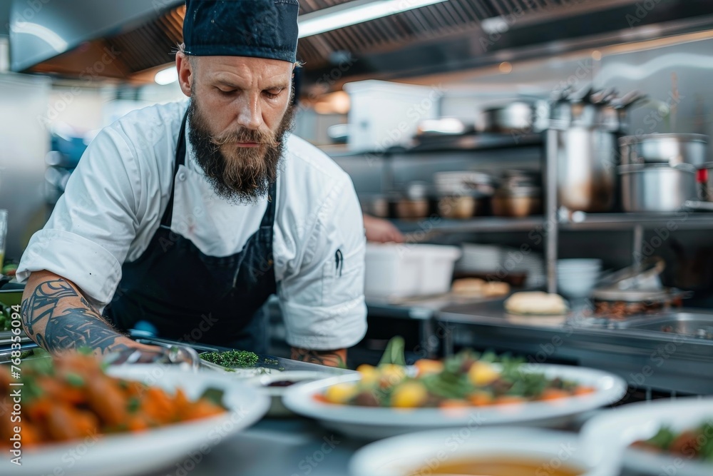 Chef with tattoos meticulously adds final touches to a dish in a restaurant kitchen Chef with tattoos meticulously adds final touches to a dish in a restaurant kitchen