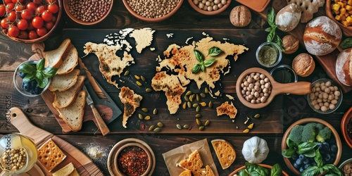 Table with a world map in the center and various foods around, concept of food from different countries