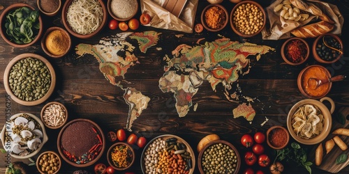 Table with a world map in the center and various foods around, concept of food from different countries © Kaleb