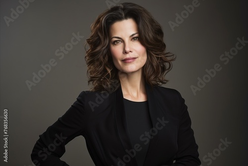 Portrait of a beautiful businesswoman in a black suit on a gray background