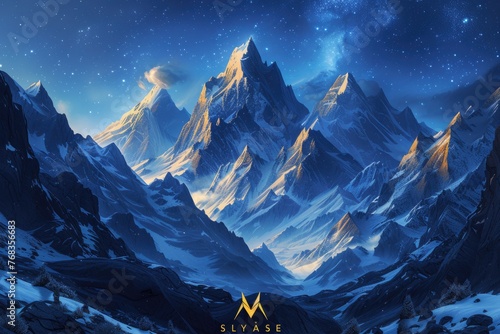 A mountain valley in abstract form. A digital scene featuring mountains and a starry sky in low polygons.