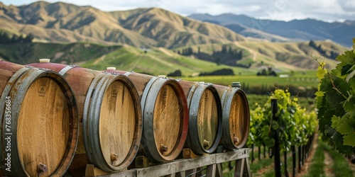 Row of oak barrels with wine near vineyard plantation and hills in the background