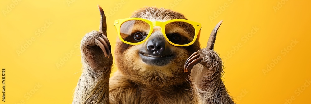 A sloth wearing sunglasses and thumbs up - obrazy, fototapety, plakaty 