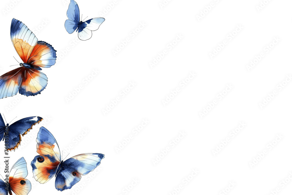 Orange and blue watercolor butterflies, white background, space for text