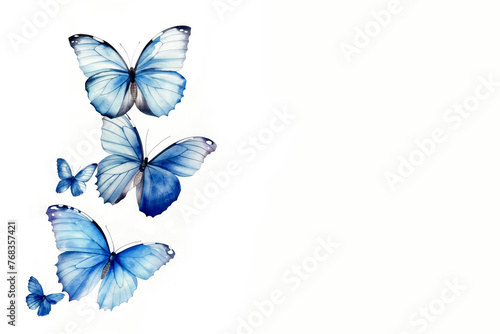 Watercolor blue butterflies on white background with copy space © Innese