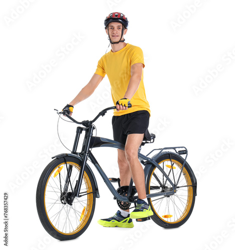 Young man in helmet riding modern bicycle on white background