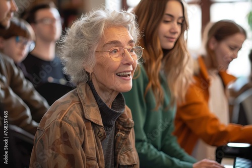 An excited senior citizen leads a piano lesson for a young girl with an attentive group of students