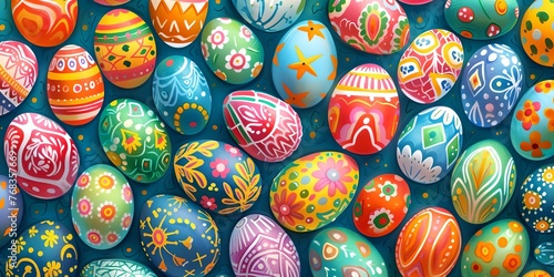 A colorful array of painted eggs with various designs and patterns