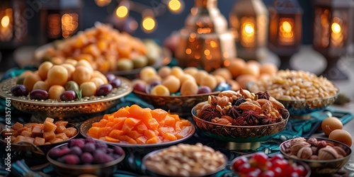A table full of food with a variety of fruits and nuts