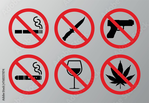 vector set of prohibition icons, prohibited smoking, prohibited vape, prohibited weapons, prohibited drugs, prohibited signage