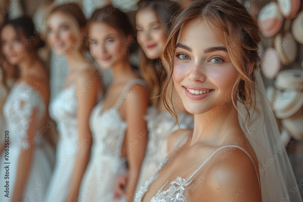 Fototapeta premium Stunning bride with her bridesmaids posing in elegant wedding dresses, perfect for bridal themes