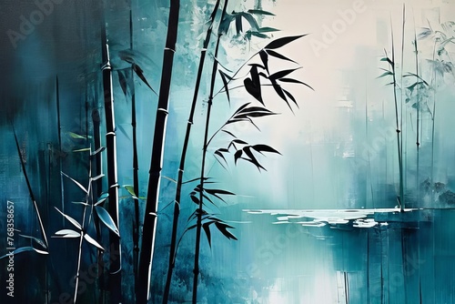 the Ink painting with bamboo tree in simple minimalist style photo