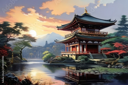 a japanese landscape in a fairy garden  Three-Story Pagoda painting