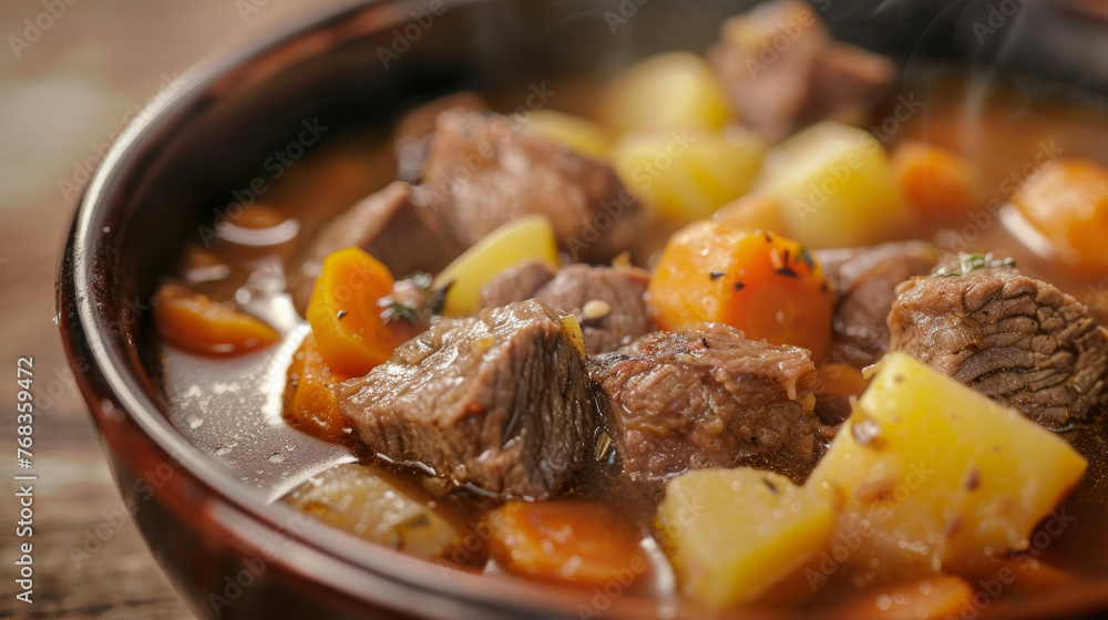 A bowl filled with hearty beef stew, chunks of tender potatoes, and vibrant carrots. A bowl filled with hearty beef stew, chunks of tender potatoes, and vibrant carrots.