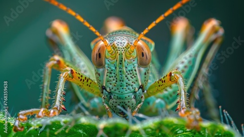 Highly Detailed Microscopic Examination of a Vibrant Grasshopper Face Showcasing Its Intricate Structure and Captivating Color Patterns © Sittichok
