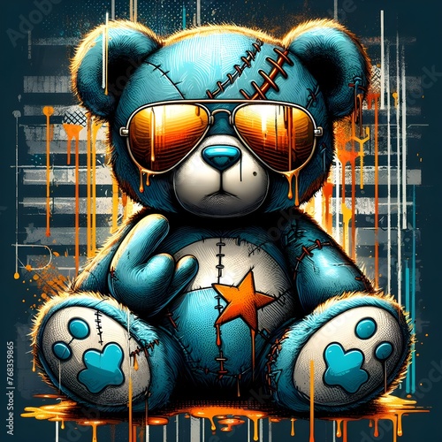 Digital art image of a green teddy bear sitting and wearing glasses