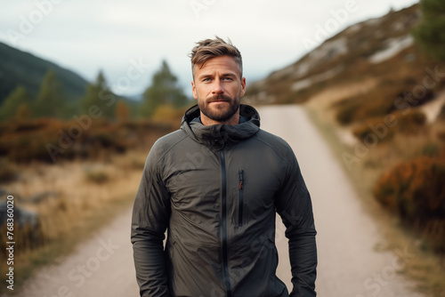 Rugged handsome man in outdoor jacket on a country trail, adventure and exploration, nature wanderlust.