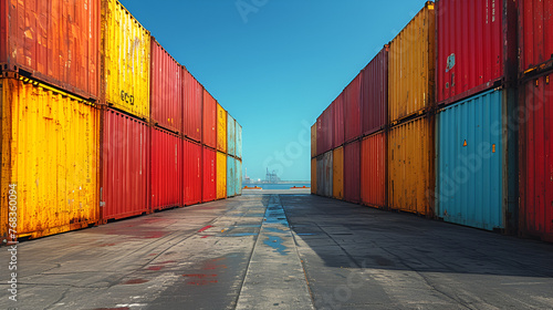 Wallpaper Mural Container yard in coastal port - multiple bright colors - logistics - shipping - storing - supply chain - low angle shot  Torontodigital.ca