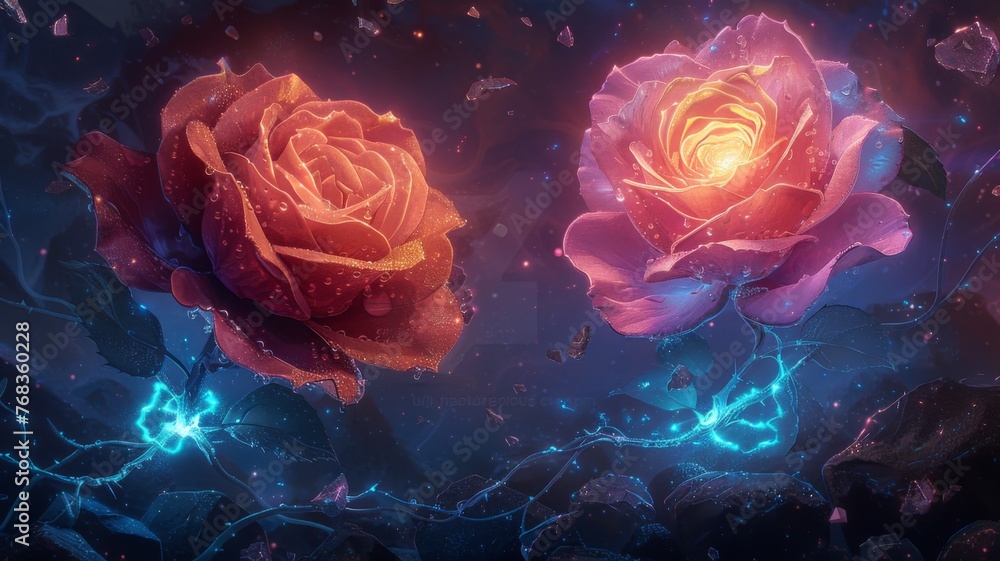 Illuminated roses in magical cosmic dust - Glowing roses amid sparkling cosmic dust and celestial energy, showcasing a fusion of natural beauty with fantastical elements Illuminated roses in magical cosmic dust - Glowing roses amid sparkling cosmic dust and celestial energy, showcasing a fusion of natural beauty with fantastical elements