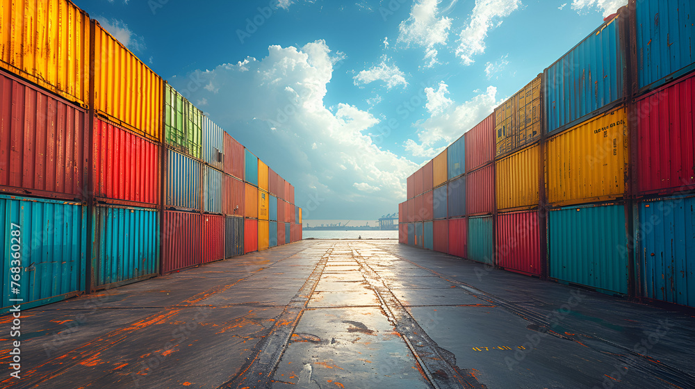 Fototapeta premium Container yard in coastal port - multiple bright colors - logistics - shipping - storing - supply chain - low angle shot 