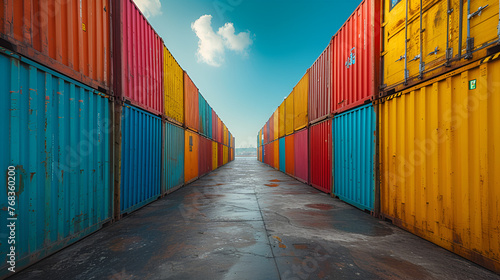 Container yard in coastal port - multiple bright colors - logistics - shipping - storing - supply chain - low angle shot 