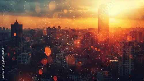 Glowing sunset cityscape with bokeh lights - The image captures a bustling city at sunset with warm hues and sparkling bokeh lights creating a dreamy vibe