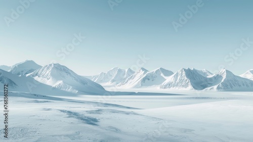 Endless icy plains with distant mountains - Serene arctic landscape showing an ice-covered expanse leading to distant snow-laden mountains photo