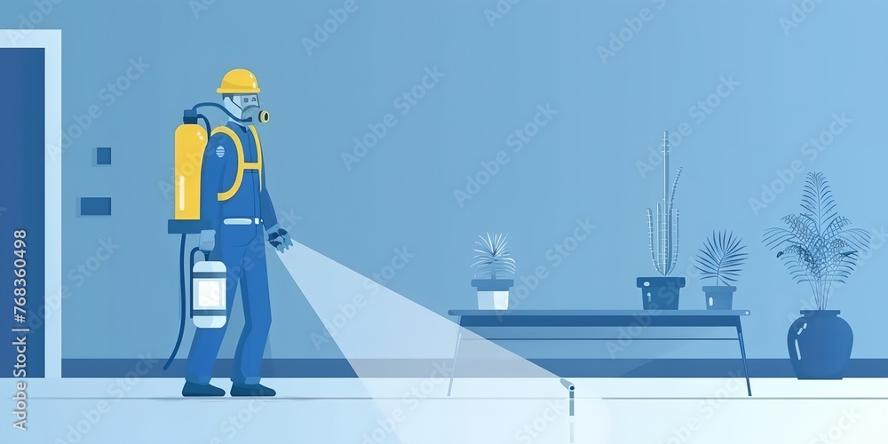 Obraz premium A man in a yellow and blue uniform is spraying a room with a sprayer
