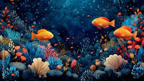 Colorful underwater scene with fish and coral - An underwater scene bustling with vibrant goldfish, corals and oceanic flora, showcasing marine biodiversity © Tida