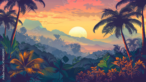 Tropical sunset landscape with palm trees - A serene digital illustration of a tropical sunset landscape with silhouetted palm trees and mountains