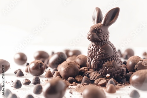 A rabbit made of chocolate is sitting on a pile of chocolate
