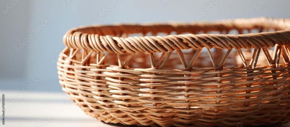 A close up of a wicker storage basket made of wood, with metal accents, serving as a fashionable hair accessory and art piece on a table