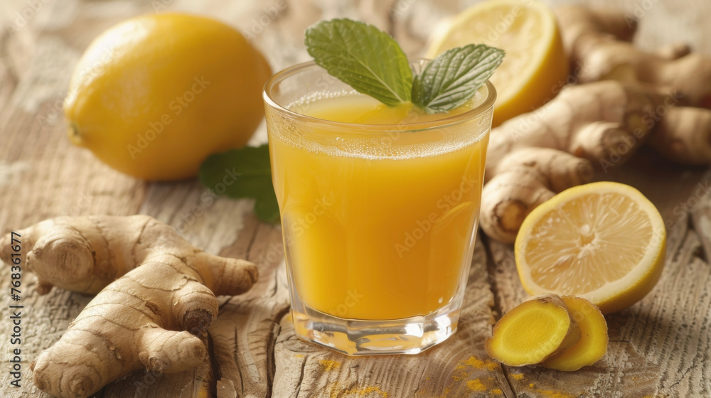 Fototapeta premium A glass filled with orange juice sits alongside fresh lemons and ginger on a table.