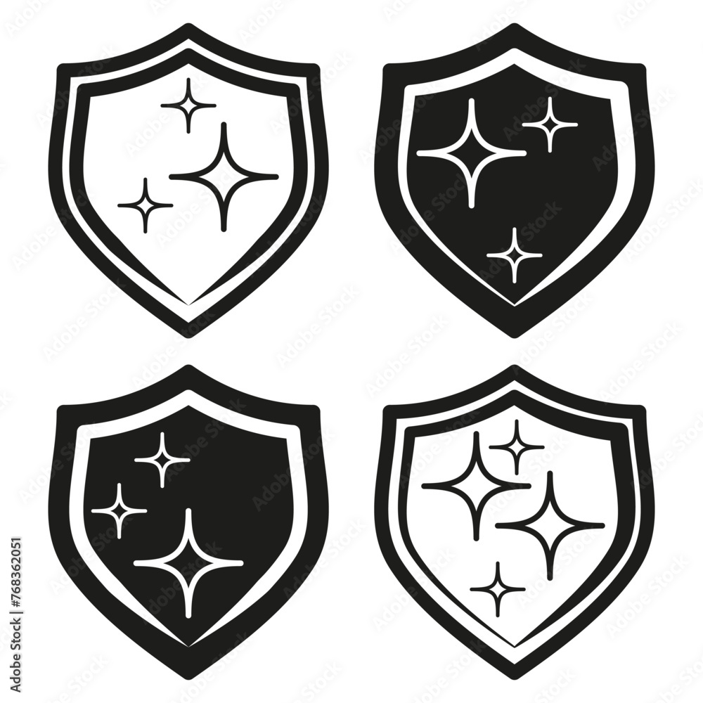 Clean shield icons set. Shiny star details. Security symbol collection. Contrast design elements. Vector illustration. EPS 10. Clean shield icons set. Shiny star details. Security symbol collection. Contrast design elements. Vector illustration. EPS 10.